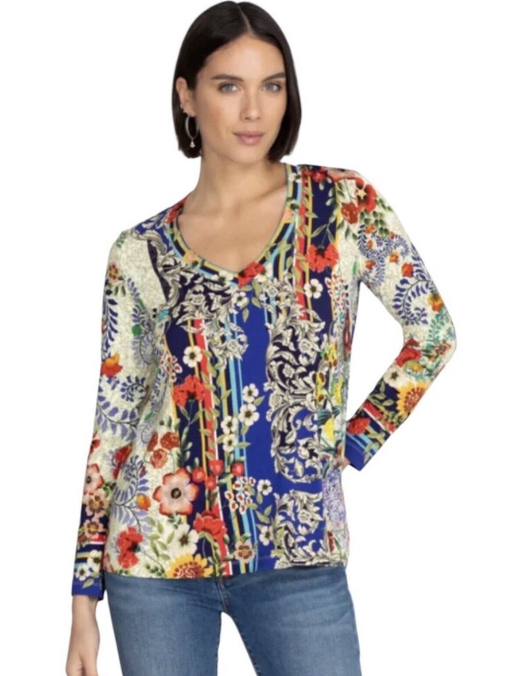 Johnny Was Floral Patchwork Long Sleeve Knit Top XXL NEW Boho Luxe Multicolor